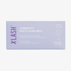 Rechteckige Produktverpackung für XLASH Longevity Multi-Zone-Gele mit einer Auflistung der Inhaltsstoffe, des Verwendungszwecks und der Menge.