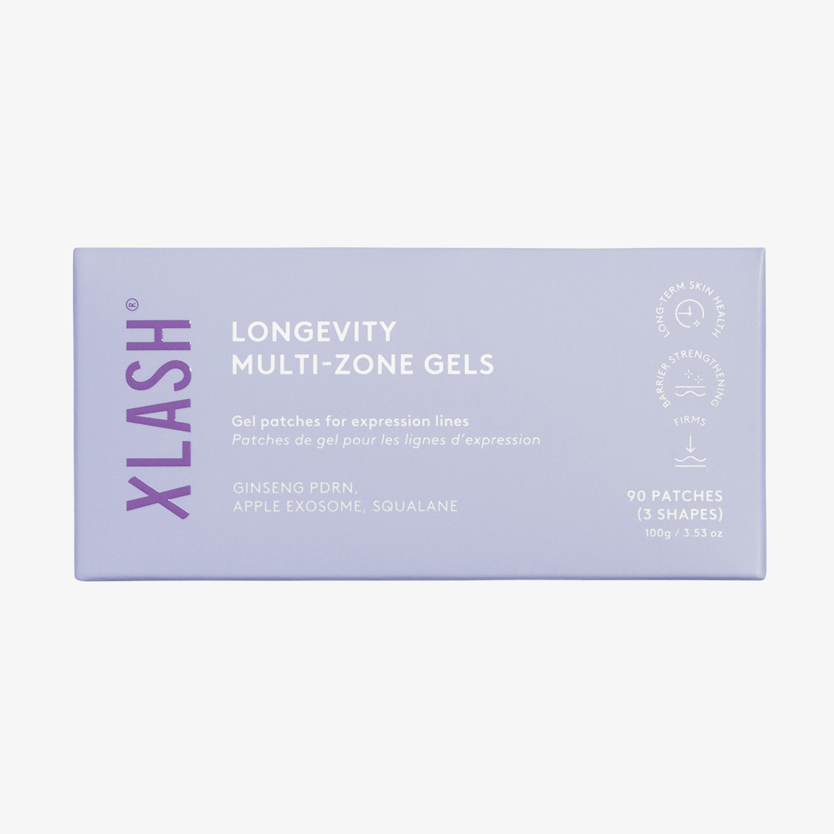 Rechteckige Produktverpackung für XLASH Longevity Multi-Zone-Gele mit einer Auflistung der Inhaltsstoffe, des Verwendungszwecks und der Menge.