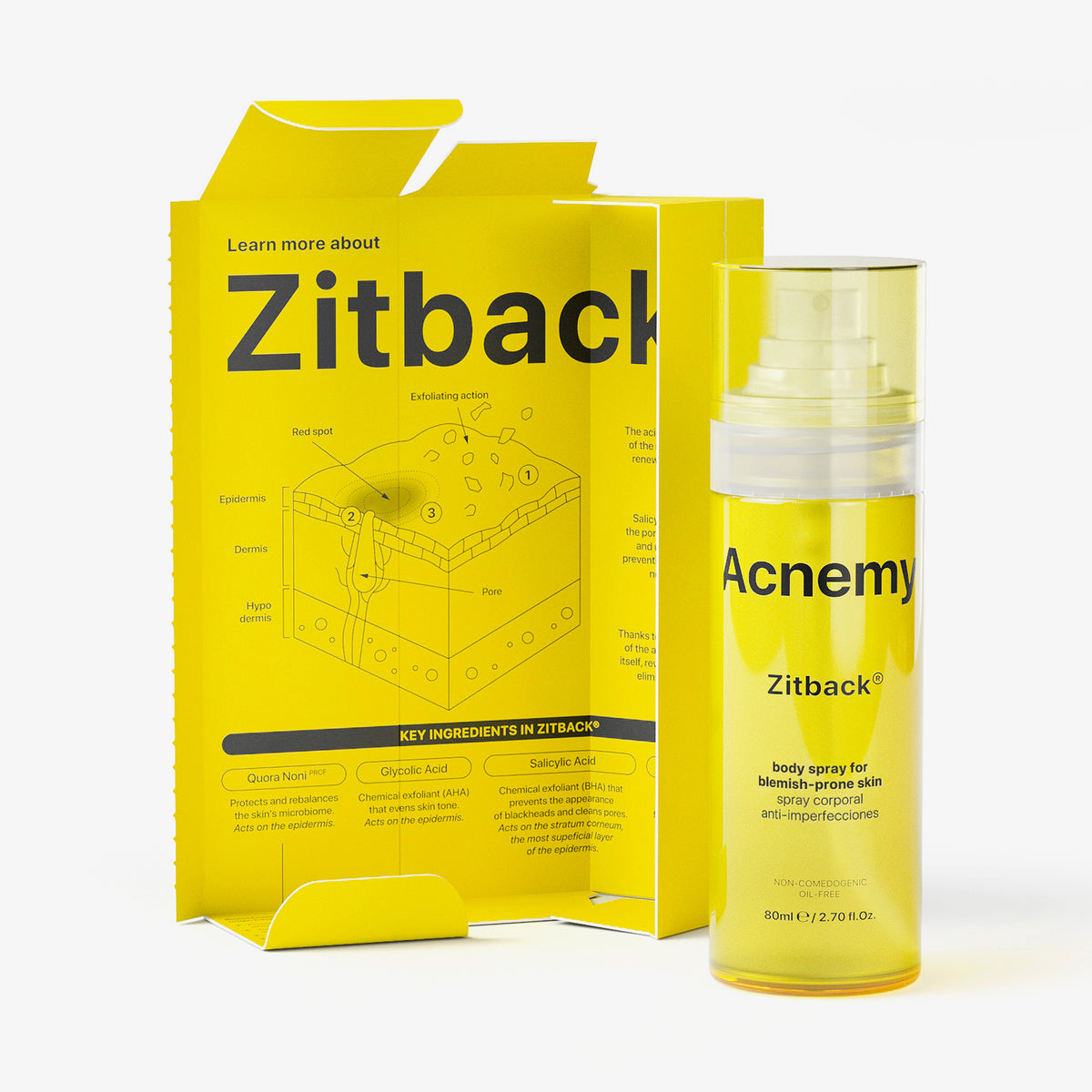 Gelber Zitback Spray-Flakon von Acnemy neben geöffnetet Umverpackung mit Infografik.