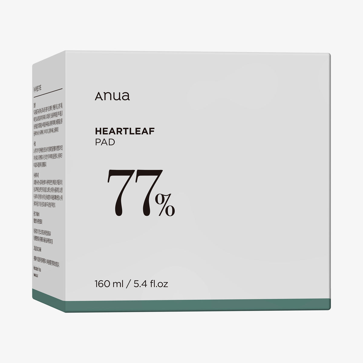 Weiße Verpackung der Anua Heartleaf 77% Toner Pads mit schwarzer Schrift und grüner Unterkante, 160 ml Inhalt.