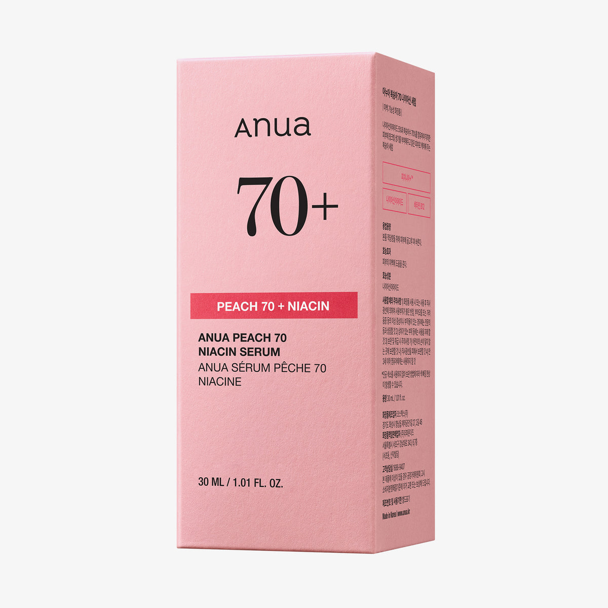 Eine rosafarbene Schachtel Peach 70 % Niacinamide Serum mit Produktdetails auf Englisch und Koreanisch.