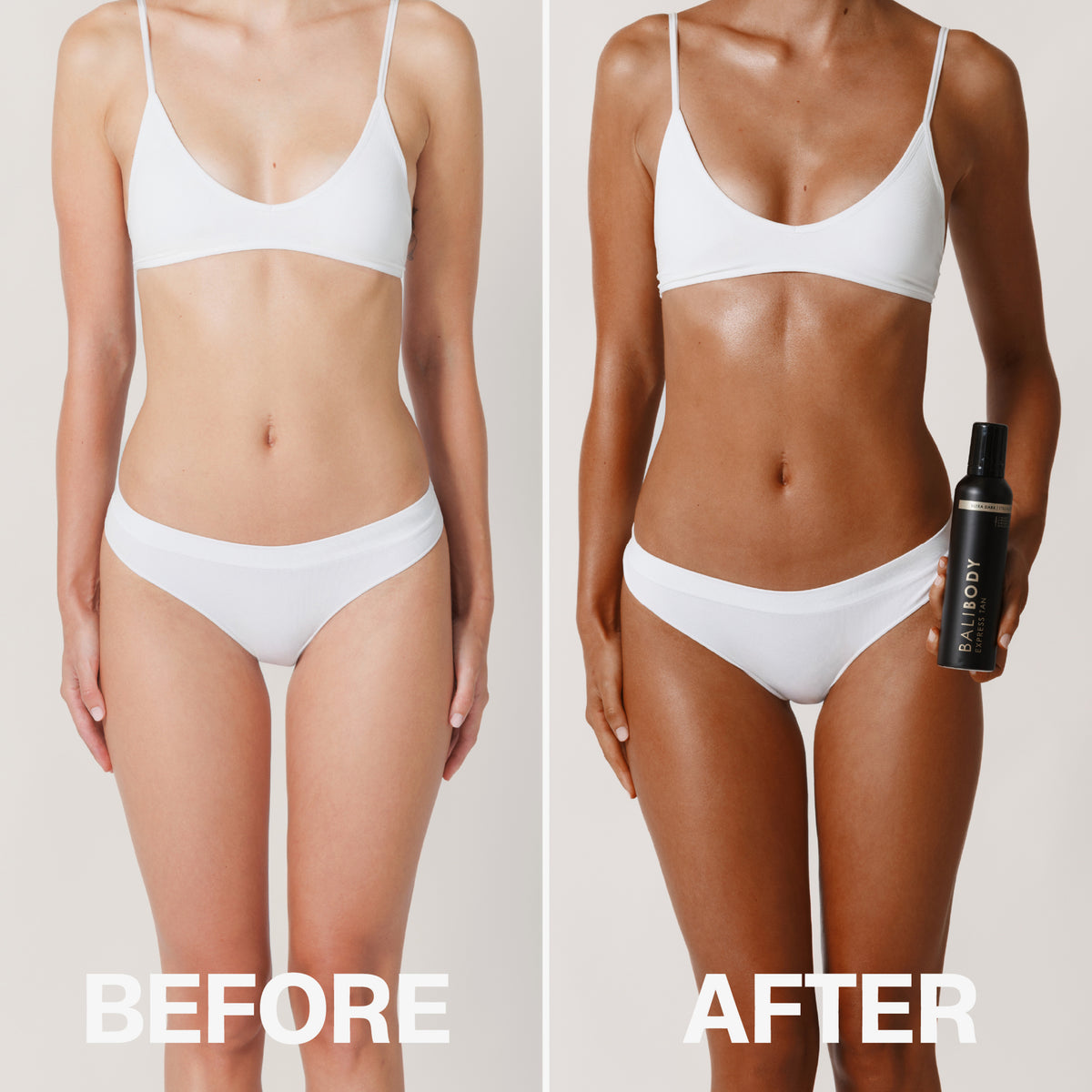 Vorher-Nachher-Vergleich einer Frau nach Anwendung des Bali Body 1 HR Express 120g Ultra Dark mit sichtbarem Bräunungseffekt.