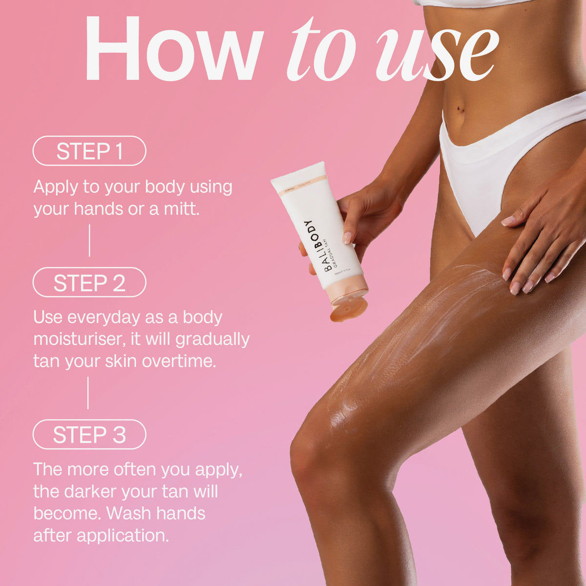 Vor einem rosa Hintergrund trägt eine Person Gradual Tan auf ihr Bein; daneben Anwendungshinweise