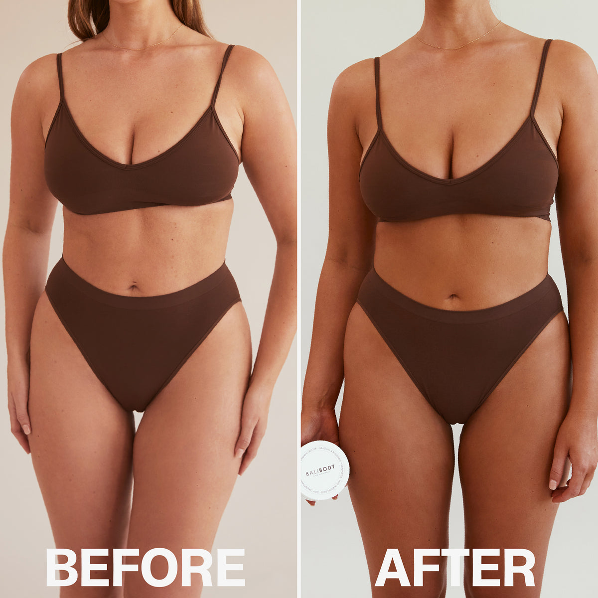 Vorher-Nachher-Bilder einer Frau in brauner Unterwäsche zeigen die bräunende Wirkung der Gradual Tanning Butter