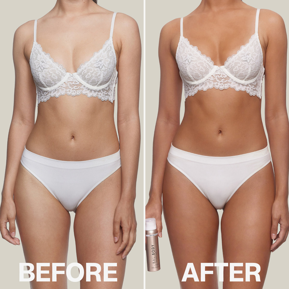 Vorher-Nachher-Bilder einer Frau in Dessous; im Nachher-Bild ist sie gebräunt und hält eine Flasche Instant Tan