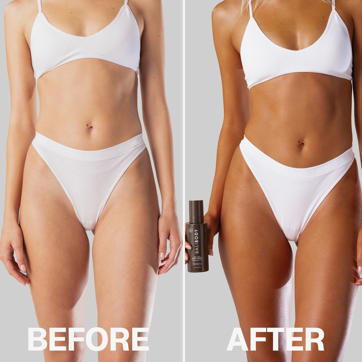 Vorher-Nachher-Bilder einer Frau in weißer Unterwäsche; nachher deutlich gebräunt mit dem Self Tan Body Serum in der Hand
