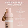Nahaufnahme einer Flasche Self Tanning Mousse 100 ml Dark vor beigem Hintergrund; daneben Produktvorteile.