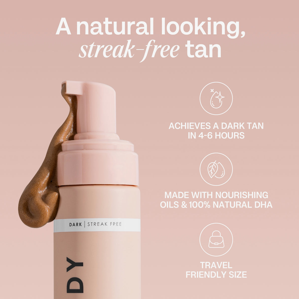 Nahaufnahme einer Flasche Self Tanning Mousse 100 ml Dark vor beigem Hintergrund; daneben Produktvorteile.
