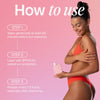 Eine gebräunte Frau in rotem Bikini hält vor einem rosa Hintergrund eine Flasche Tanning Oil SPF 6 Watermelon, daneben Anwendungshinweise