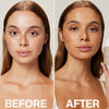 Vorher-Nachher-Bild einer Frau; danach deutlich gebräunt mit dem Tinted Super Serum SPF 30 in der Hand
