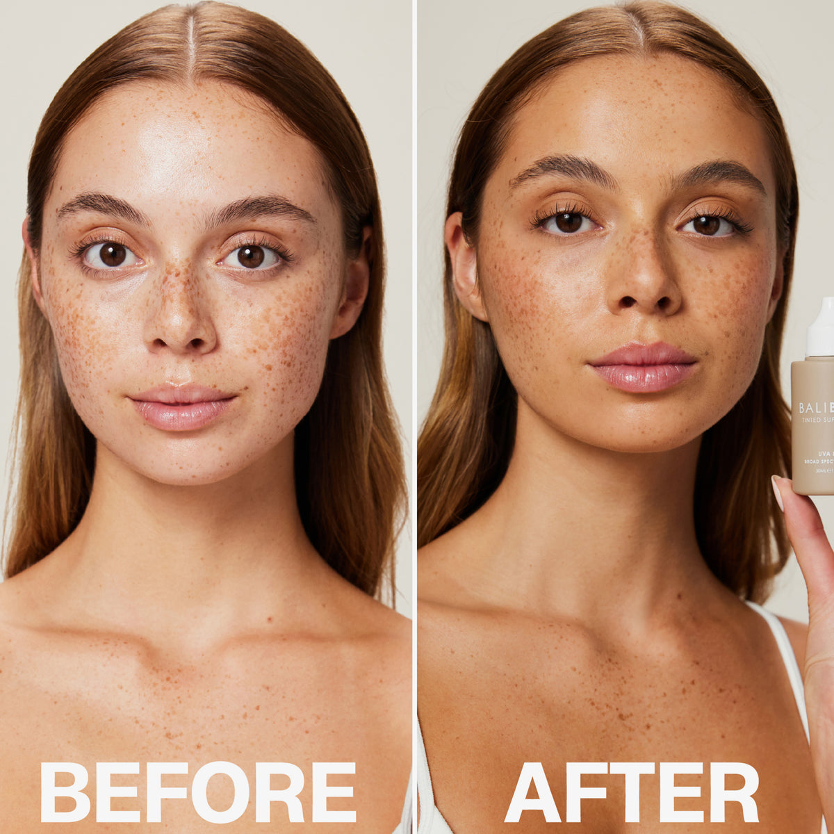 Vorher-Nachher-Bild einer Frau; danach deutlich gebräunt mit dem Tinted Super Serum SPF 30 in der Hand