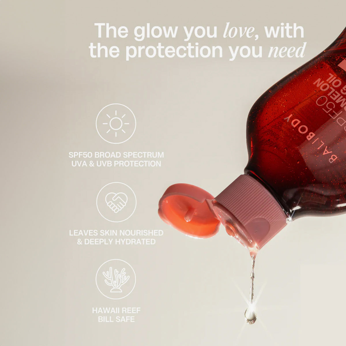 Öl tropft aus einer Flasche Watermelon Sunscreen Oil SPF50; daneben Produktvorteile.