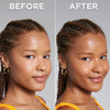 Vorher-Nachher-Bilde einer Person mit geflochtenem Haar und glatter Haut, nach Anwendung des Technocolor Self Tanning Face Serum Caramel leicht gebräunt.