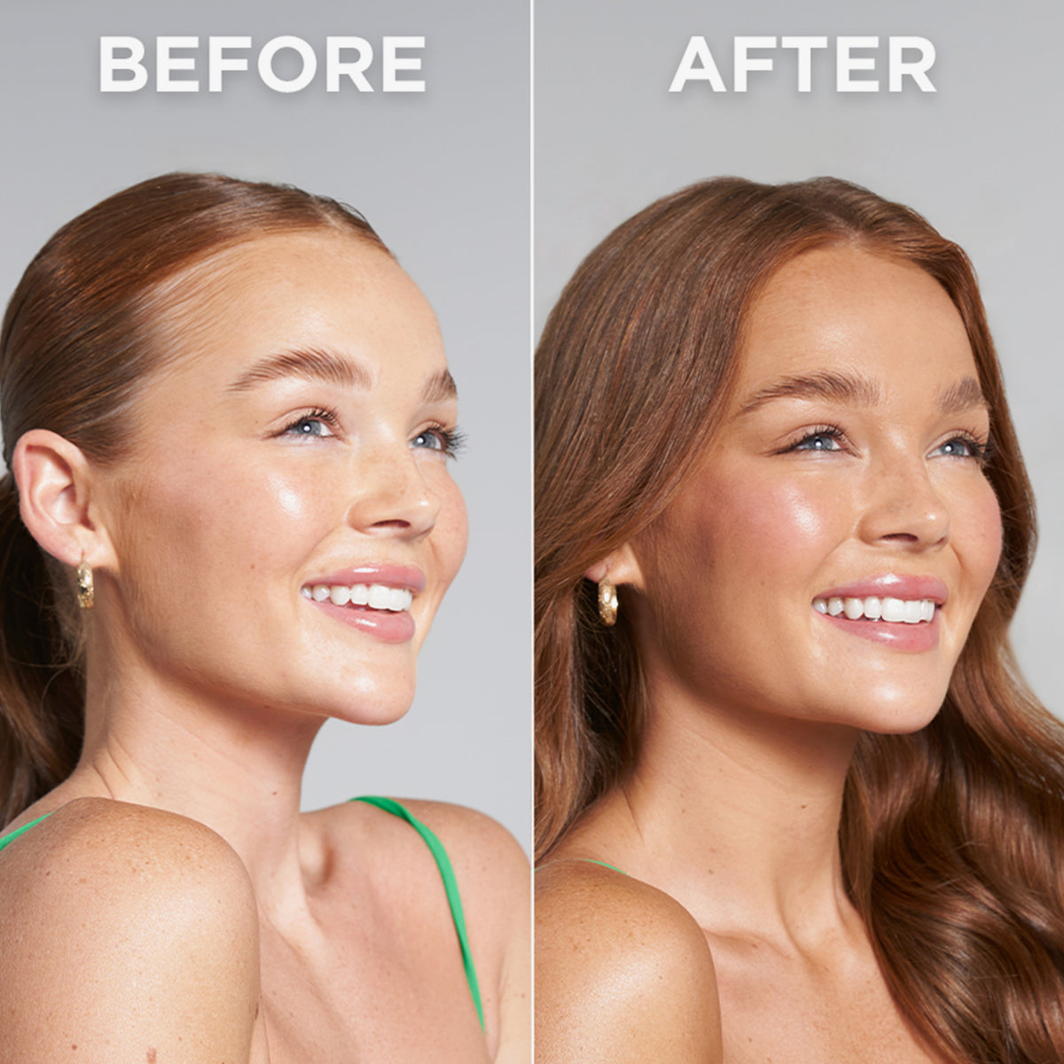 Vorher–Nachher–Blid einer Frau; nach Anwendung des Technocolor Self Tanning Face Serum Emerald natürlich gebräunt.