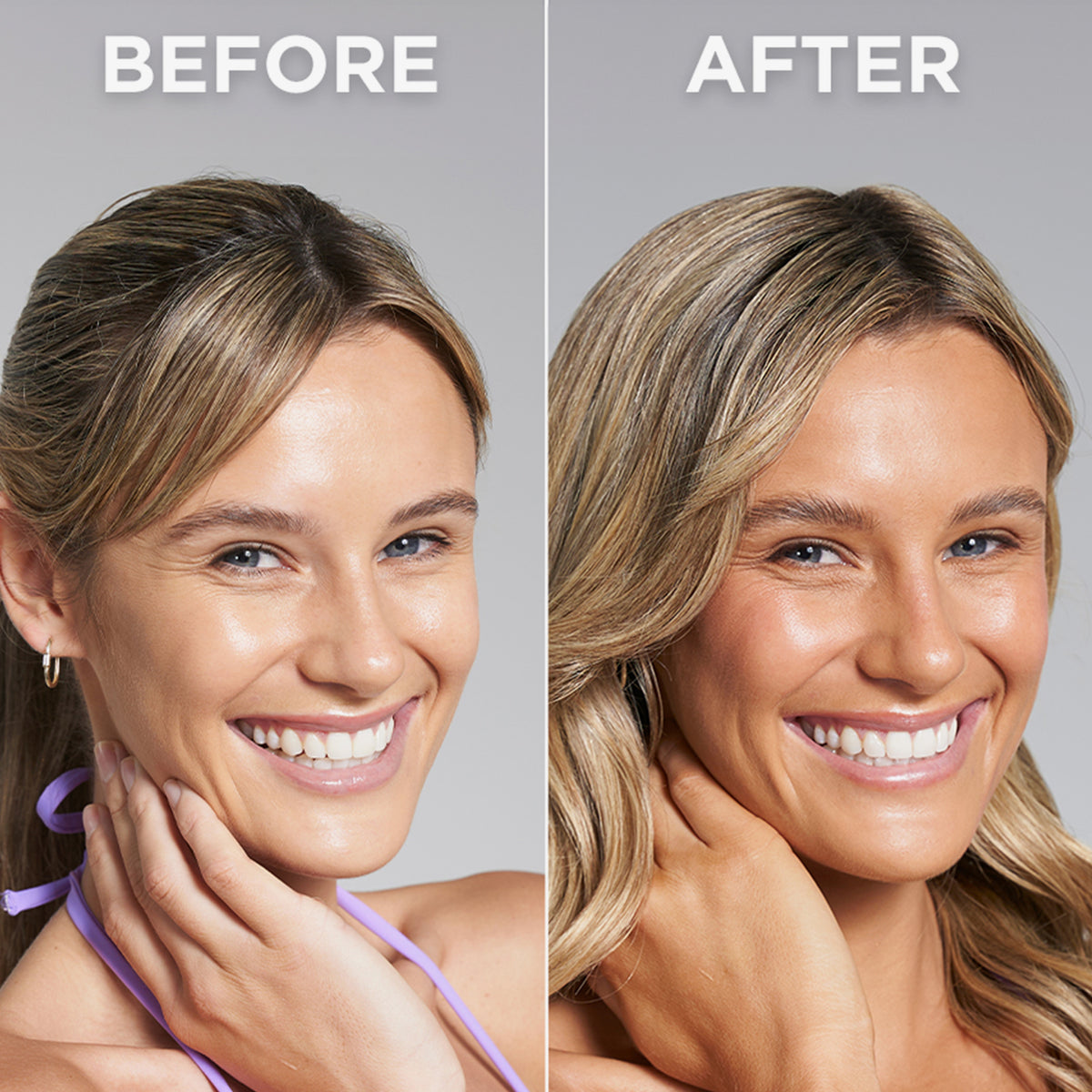 Vorher-Nachher-Bild einer Frau; nach Anwendnung des Technocolor Self Tanning Face Serum Magenta deutlich gebräunt.