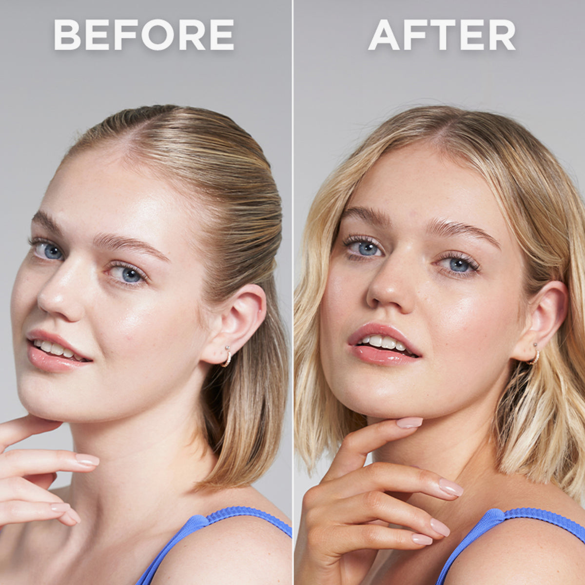Vorher-Nachher-Bild einer Frau; nach Anwendung des Technocolor Self Tanning Face Serum Sapphire leicht gebräunt.