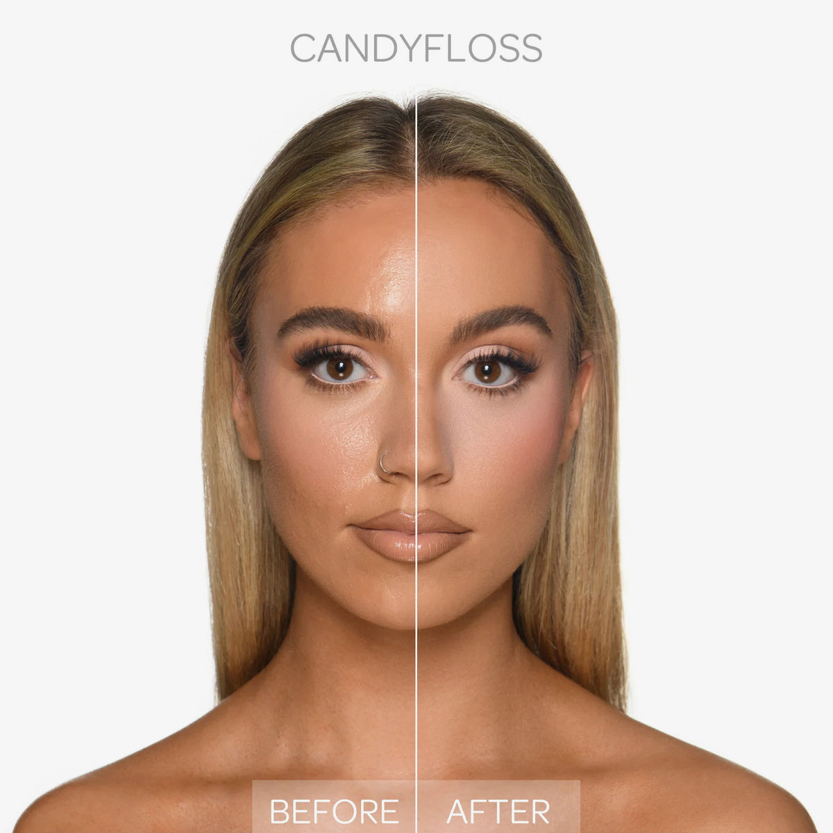 Vorher-Nachher-Bild des Gesichts einer Frau nach Anwendung des BPerfect Cosmetics x Katie Daley Perfect Powders Candyfloss.