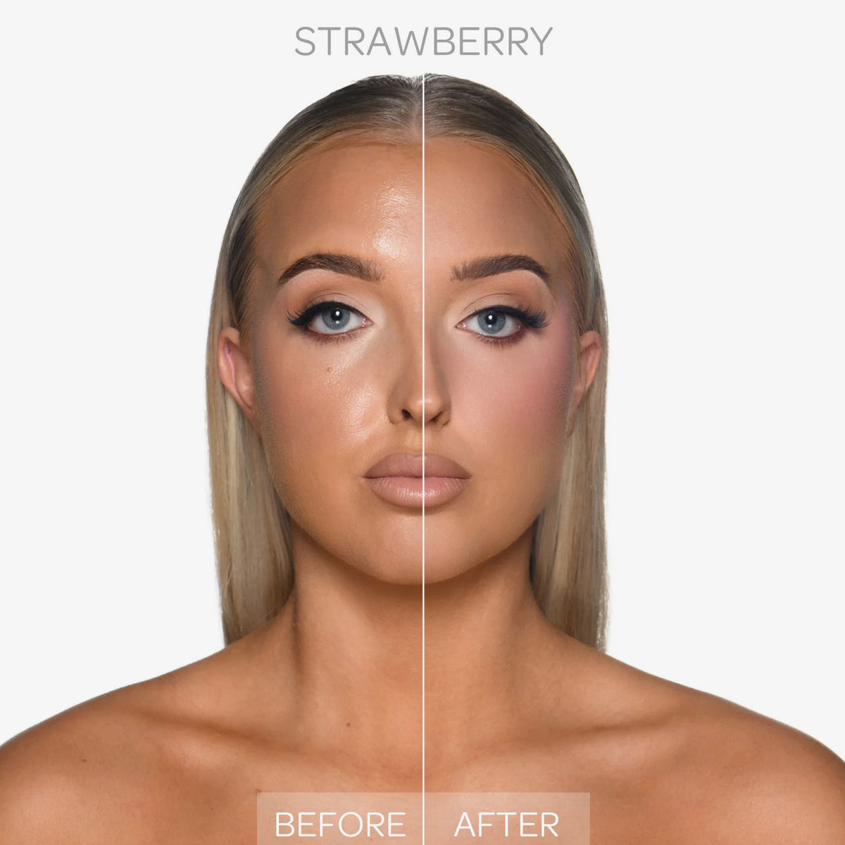 Vorher-Nachher-Bild des Gesichts einer Frau nach Anwendung des BPerfect Cosmetics x Katie Daley Perfect Powders Strawberry.
