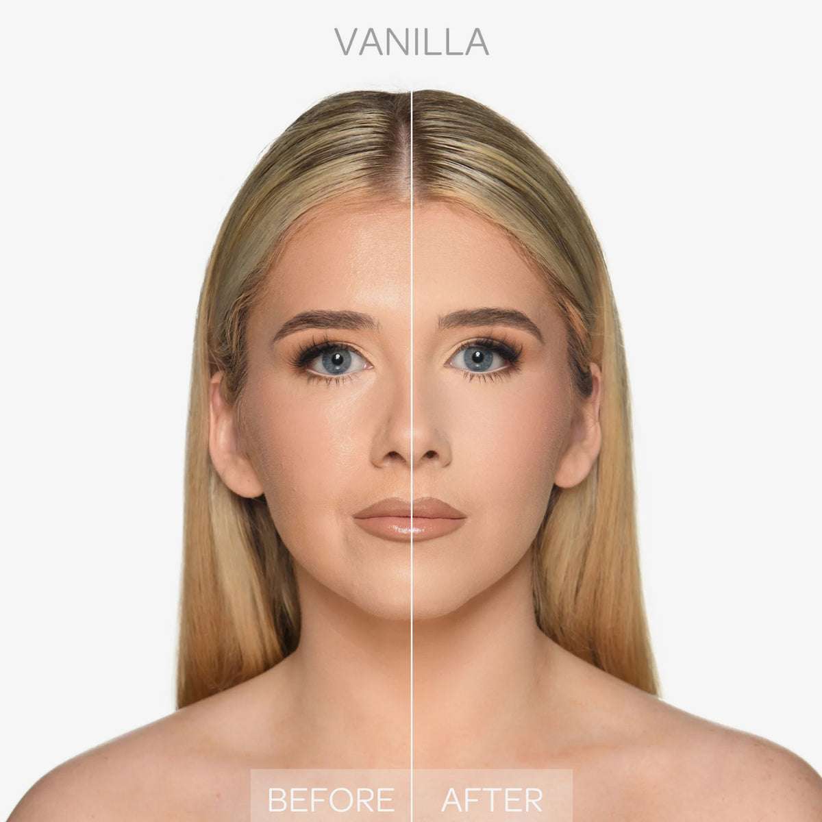 Vorher-Nachher-Bild des Gesichts einer Frau vor und nach dem Auftragen des BPerfect Cosmetics x Katie Daley Perfect Powders Vanilla.