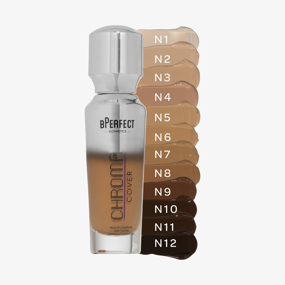 Eine halb transparente halb silberne Flasche Chroma Cover Foundation Luminous neben Farbmustern der N-Shades.