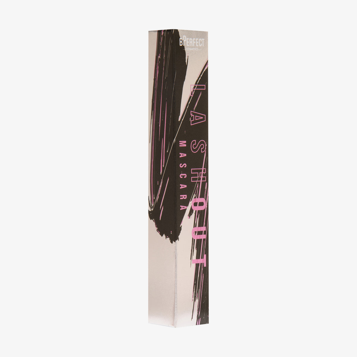 Verpakcung der Lash Out Mascara Brown in beigem und dunkelbraunem Design vor weißem Hintergrund.