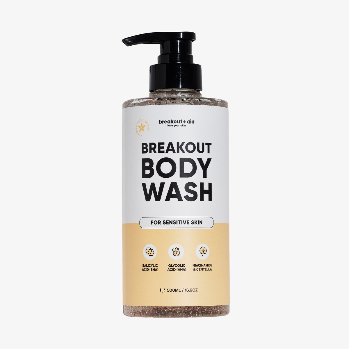 Breakout+aid Breakout Body Wash-Pumpflasche für empfindliche Haut mit Symbolen für Salicylsäure, Glykolsäure und Niacinamid.