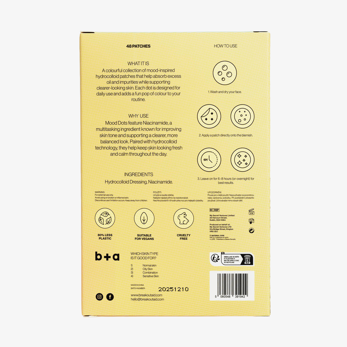 Rückseite einer gelben Mood Dots-Produktverpackung mit Angaben zu Vorteilen, Inhaltsstoffen, Anwendungshinweisen sowie Symbolen für die Zertifizierung als veganes und tierversuchfreies Produkt.