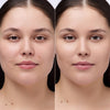 Vorher-Nachher-Bild einer Frau mit dunklem Haar und braunen Augen; Haut nach Anwendung des Instant Bright Serum Concealer 005W deutlich ebenmäßiger.