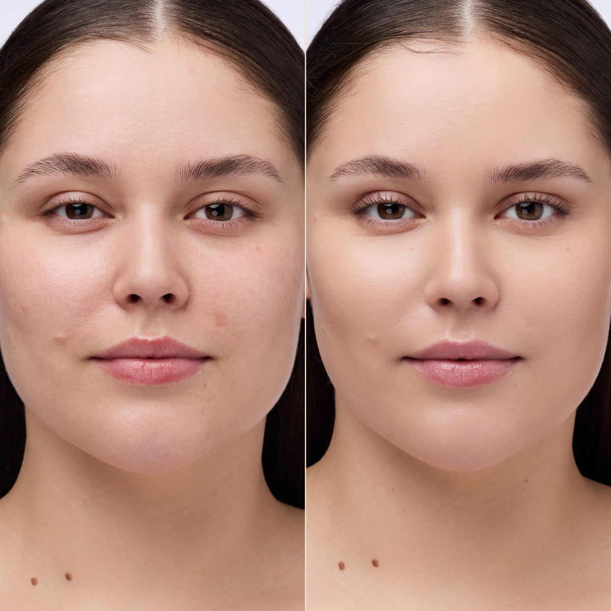 Vorher-Nachher-Bild einer Frau mit dunklem Haar und braunen Augen; Haut nach Anwendung des Instant Bright Serum Concealer 005W deutlich ebenmäßiger.