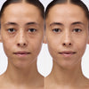 Vorher-Nachher-Bild einer Frau mit dunklem Haar und mittlerem Teint; nach Anwendung des Instant Bright Serum Concealer 015W deutlich ebenmäßigere Haut.