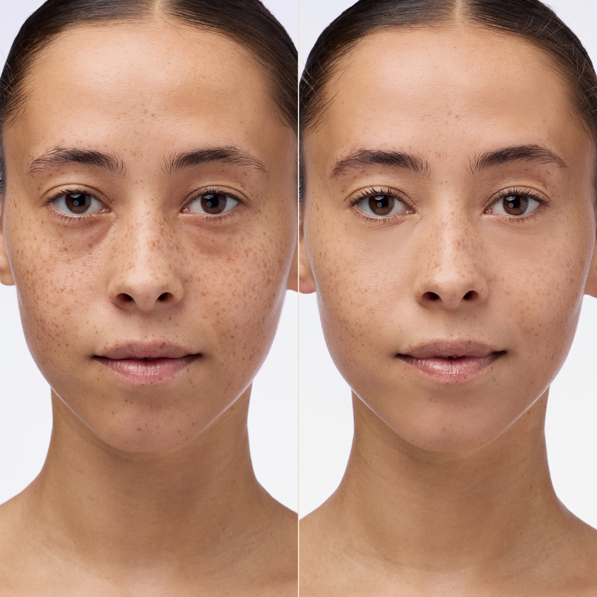 Vorher-Nachher-Bild einer Frau mit dunklem Haar und mittlerem Teint; nach Anwendung des Instant Bright Serum Concealer 015W deutlich ebenmäßigere Haut.