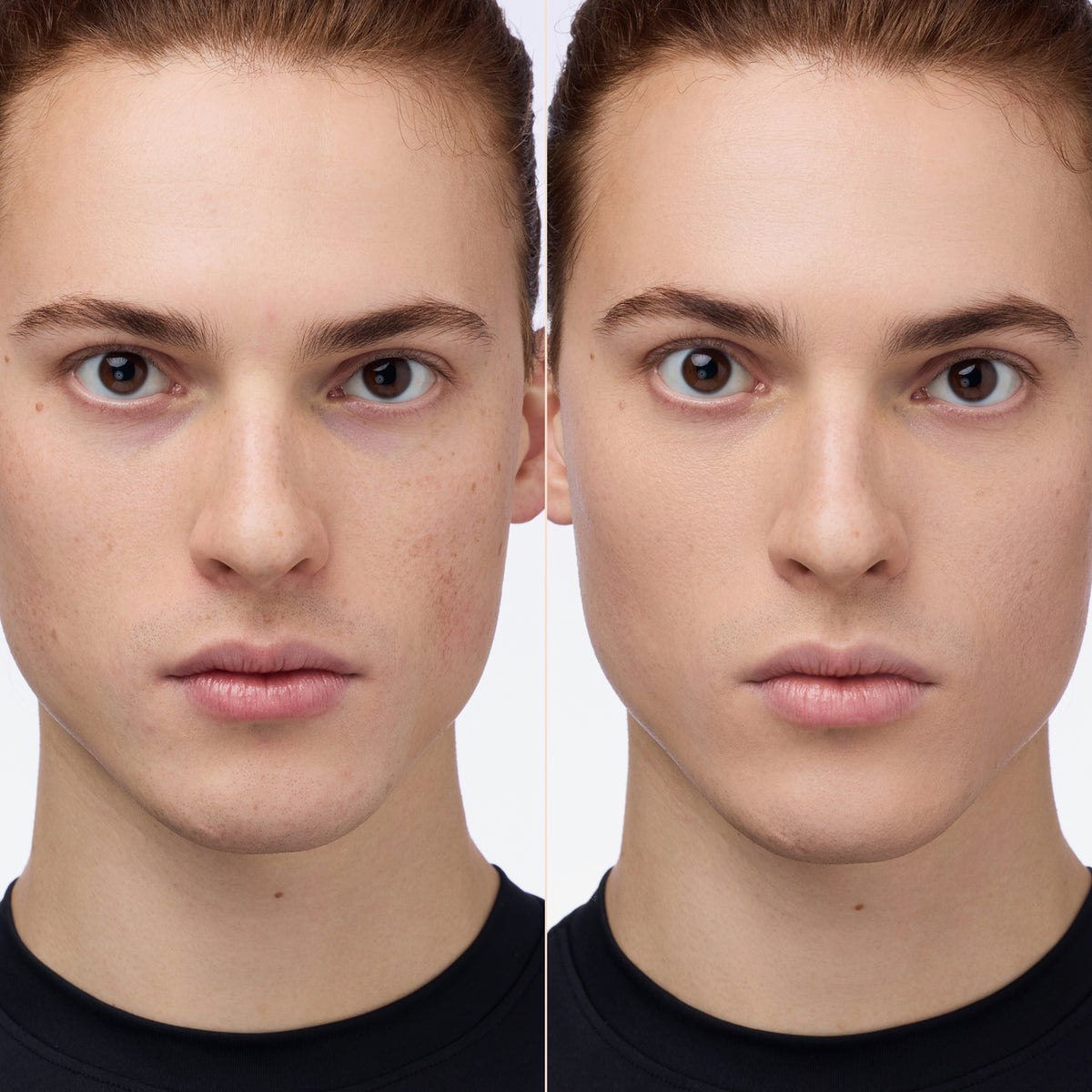 Vorher-Nachher-Bild einer Person mit braunem Haar und braunen Augen die die Wirkung des Instant Bright Serum Concealer 001N auf der Haut präsentiert.
