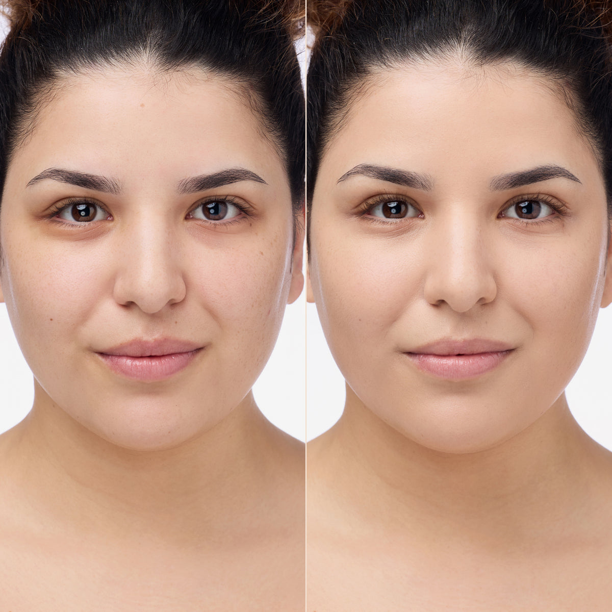 Vorher-Nachher-Bild einer Frau mit dunklen Haaren und Augen, die die Wirkung des Instant Bright Serum Concealer 039W präsentiert.
