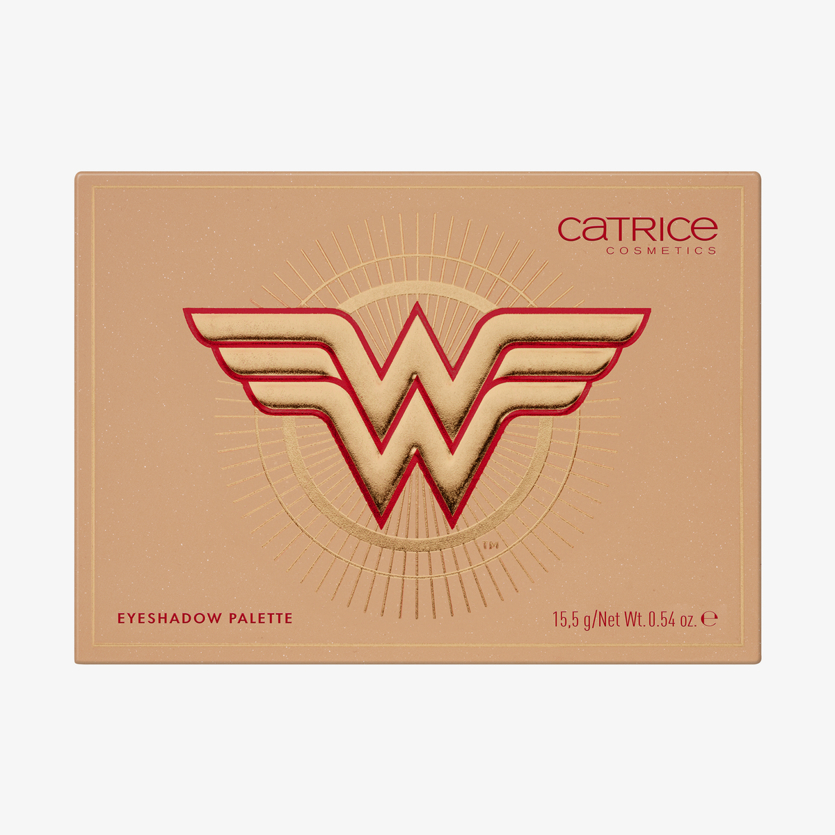 Die Catrice Cosmetics Wonder Woman Lidschattenpalette zeigt das kultige Logo der Superheldin auf dem Cover.