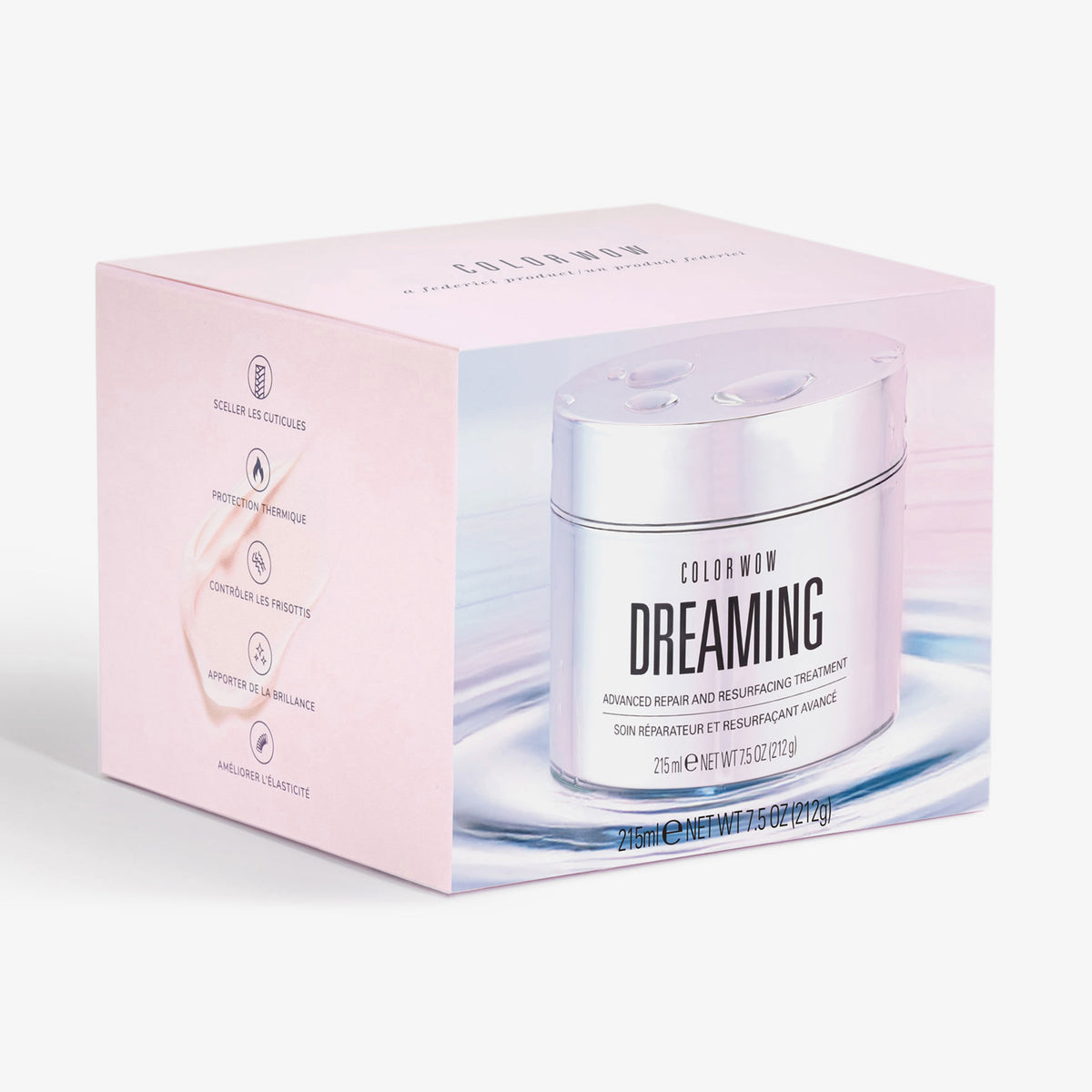 Color Wow Dreaming Treatment in rosafarbener Verpackung mit silbernem Tiegel, 215 ml, auf weißem Hintergrund.