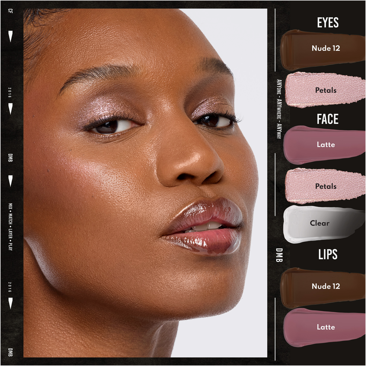 Eine Frau mit strahlender Haut trägt Danessa Myricks Beauty Colorfix Foils auf ihren Augen, ihrem Gesicht und ihren Lippen, plus beschriftete Farbmuster.