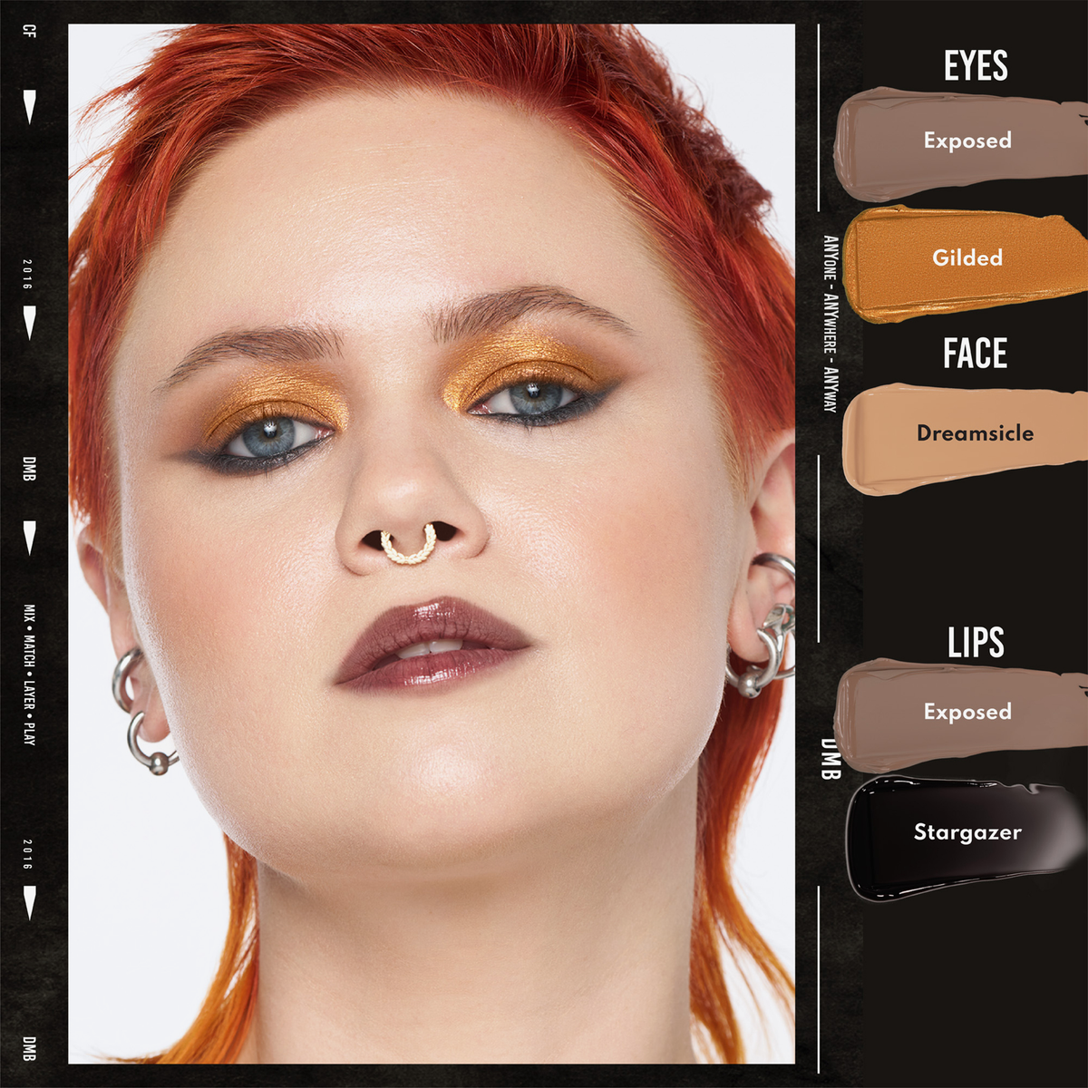 Person mit kurzen roten Haaren und kräftigem Make-up unter Verwendung von Danessa Myricks Beauty Colorfix Glaze für Augen, Gesicht und Lippen; die Farbtöne sind rechts angegeben.