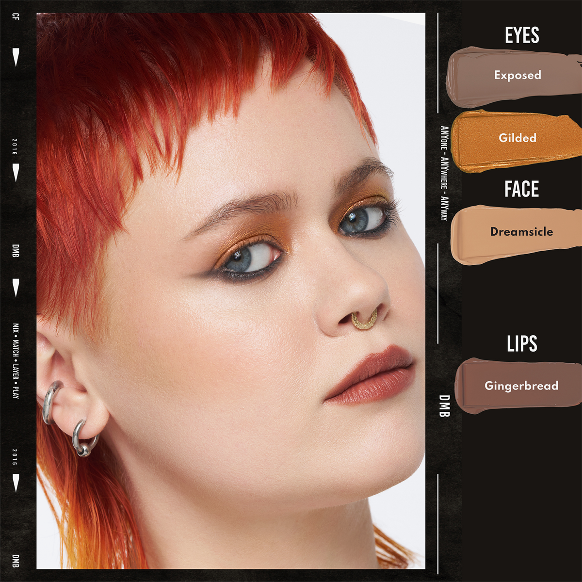 Eine Person mit leuchtend rotem Haar trägt ein auffälliges Make-up mit goldenem Lidschatten, einem nudefarbenen Gesicht und braunen Lippen, alles unter Verwendung der Colorfix Pastels von Danessa Myricks Beauty; die Etiketten des Make-ups sind sichtbar.