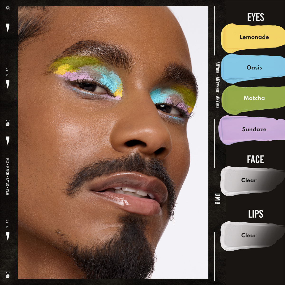 Nahaufnahme einer Person, die Danessa Myricks Beauty Colorfix Pastell-Lidschatten in Gelb, Grün, Blau und Lavendel trägt, gepaart mit neutralen Lippen und Haut.
