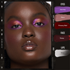 Das Model trägt schimmernde violette und rote Danessa Myricks Beauty Colorfix Sparklers, glänzende Lippen, Palette neben sich.