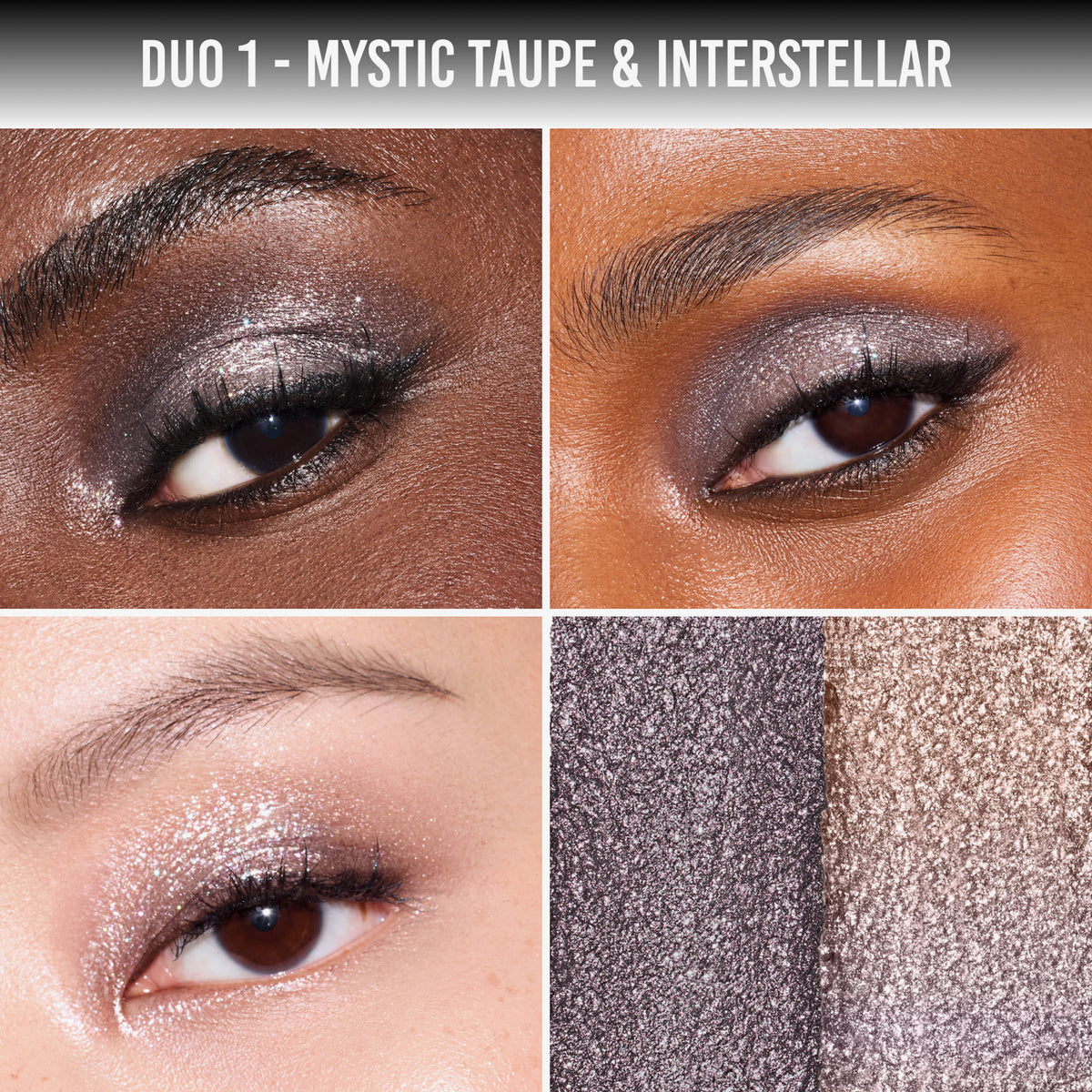 Nahaufnahmen von drei Augen mit schimmernden Taupe- und Silbertönen mit dem Danessa Myricks Beauty Duo Multi-Use Pigment Stick, mit zwei passenden Swatches.
