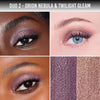 Drei Augen-Make-ups mit schimmerndem Lidschatten in Violett und Rosé aus Duo 2, daneben die Pigmente Orion Nebula und Twilight Gleam in Nahaufnahme.