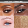 Duo 3 mit Solar Flare & Lunar Veil auf verschiedenen Hauttönen – schimmerndes Augen-Make-up in warmen Gold- und Bronzetönen, Nahaufnahmen inklusive.
