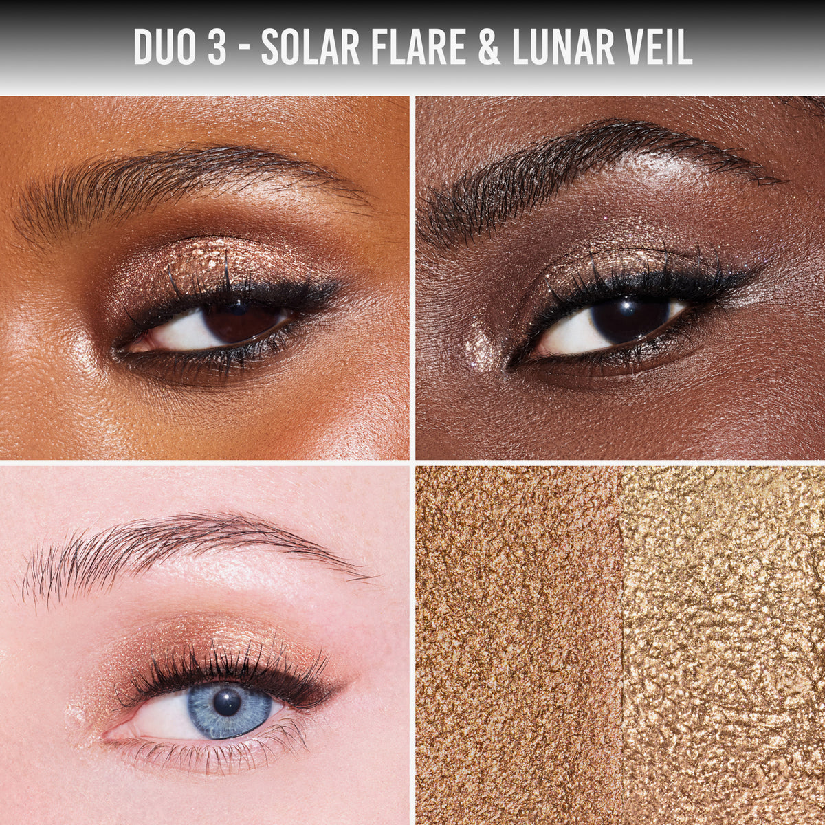 Duo 3 mit Solar Flare & Lunar Veil auf verschiedenen Hauttönen – schimmerndes Augen-Make-up in warmen Gold- und Bronzetönen, Nahaufnahmen inklusive.