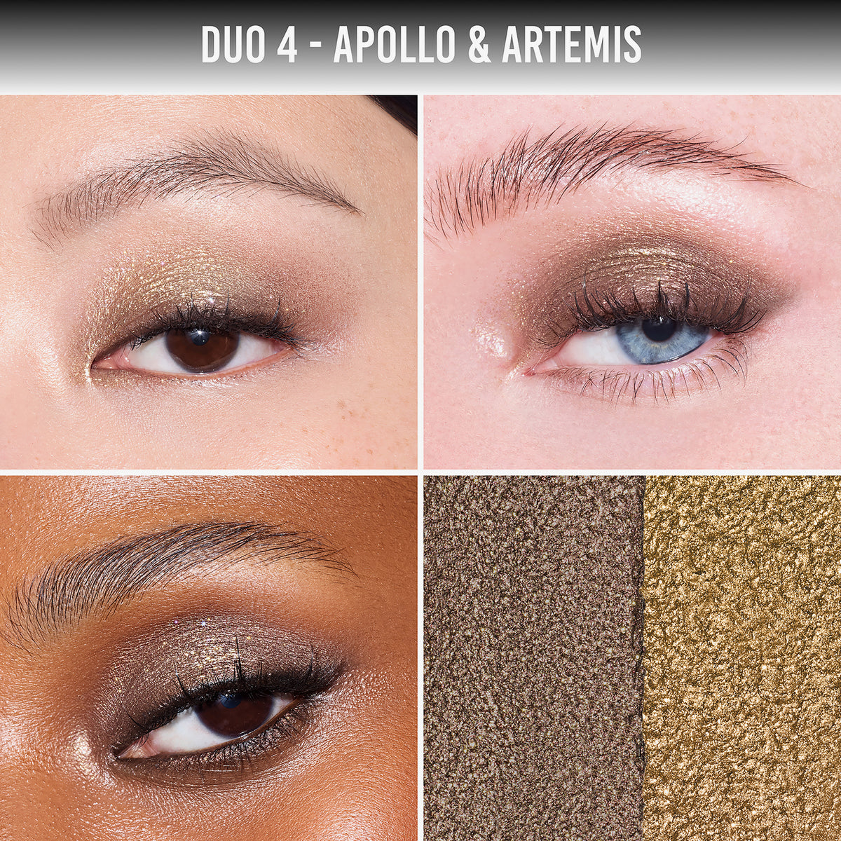 Nahaufnahmen von drei Augen, die schimmernde Gold- und Taupe-Töne aus Danessa Myricks Beauty Duo Multi-Use Pigment Stick tragen, sowie Farbmuster der beiden Farben.