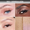 Make-up-Looks mit Duo 5: Cassiopeia & Astra. Drei Nahaufnahmen von Augen mit schimmerndem Roségold und Champagner-Tönen, daneben Swatches der beiden Farben.