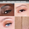 Vier Nahaufnahmen von Augen-Make-ups mit dem Danessa Myricks Duo 7: „Magic Hour“ in Bronze mit Goldschimmer und „Aurora Radiance“ mit pink-goldenem Glanz.