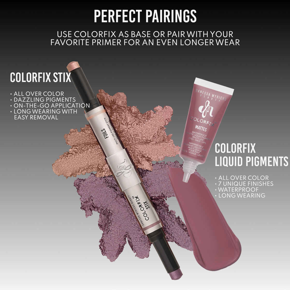 Zwei Colorfix-Produkte auf farbigem Hintergrund: ein doppelseitiger Stift mit Schimmer und eine Tube mit mattem, flüssigem Pigment in Rosé.