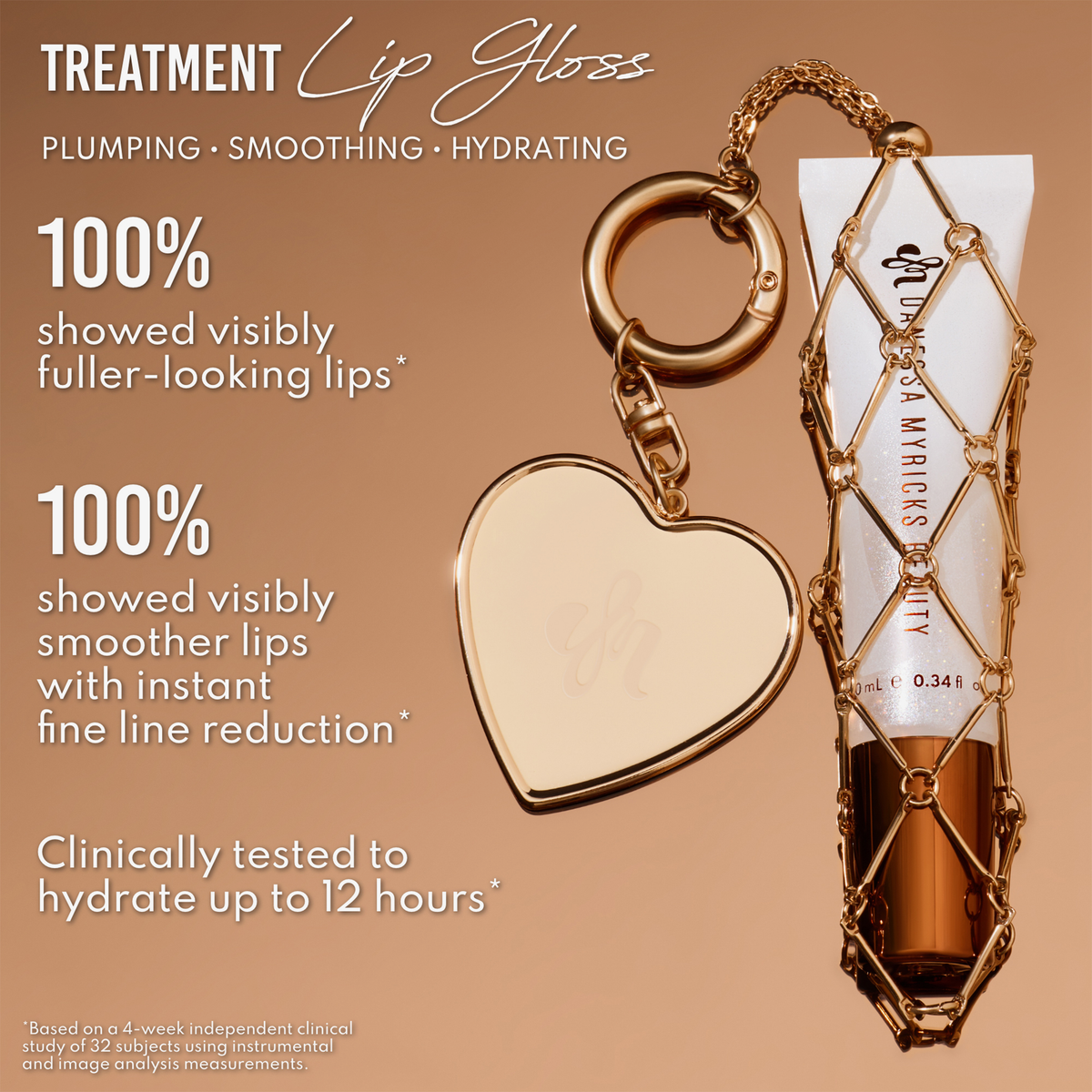 Gloss On Lock Kit – Lipgloss in einem goldenen Metallnetz mit einem herzförmigen Schlüsselanhänger und einer Aufschrift, auf der die Ergebnisse klinischer Studien aufgeführt sind.