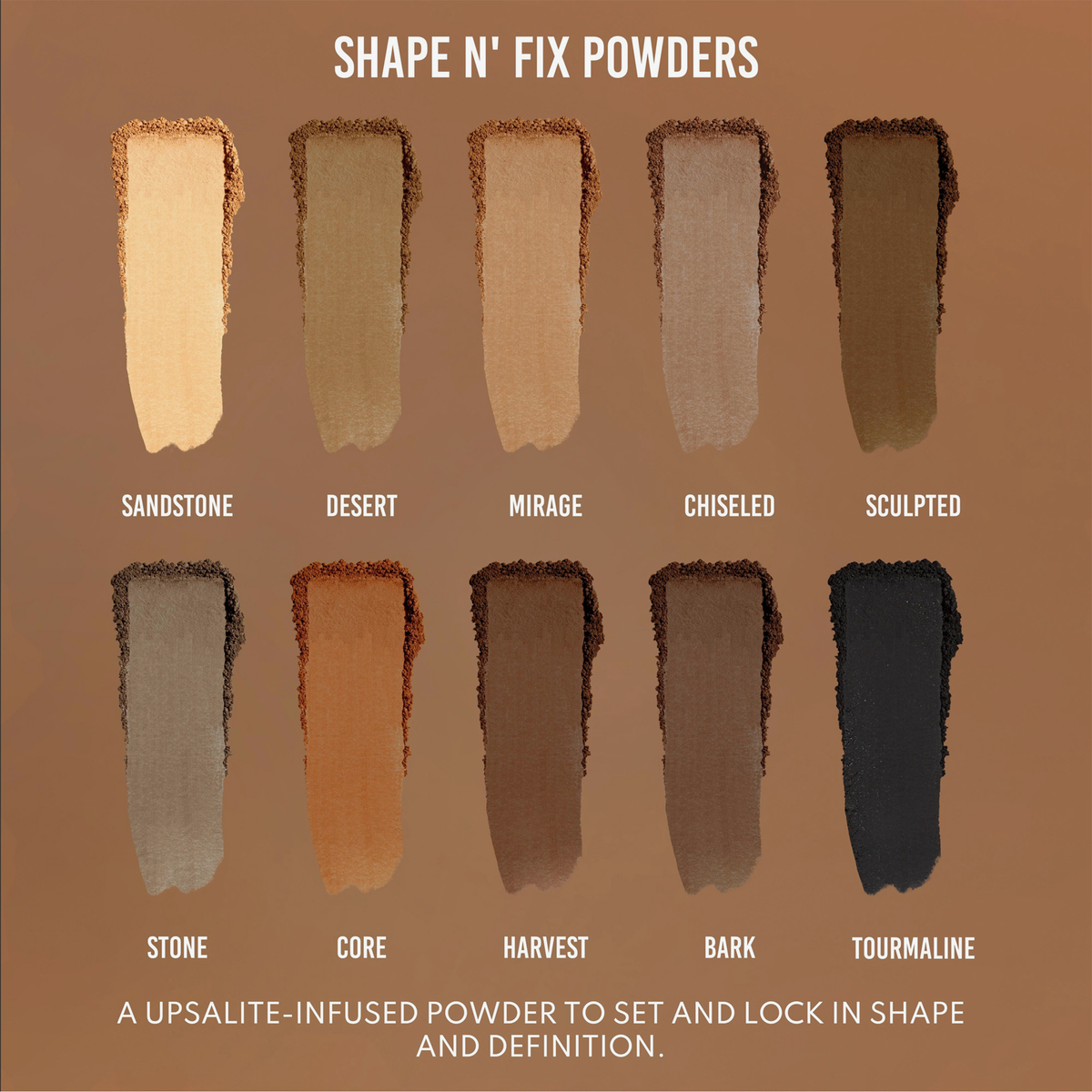 Zehn Swatches der Groundwork Palette von Danessa Myricks Beauty - Defining Neutrals in den Nuancen: Sandstone, Desert, Mirage, Chiseled, Sculpted, Stone, Core, Harvest, Bark, und Tourmaline.